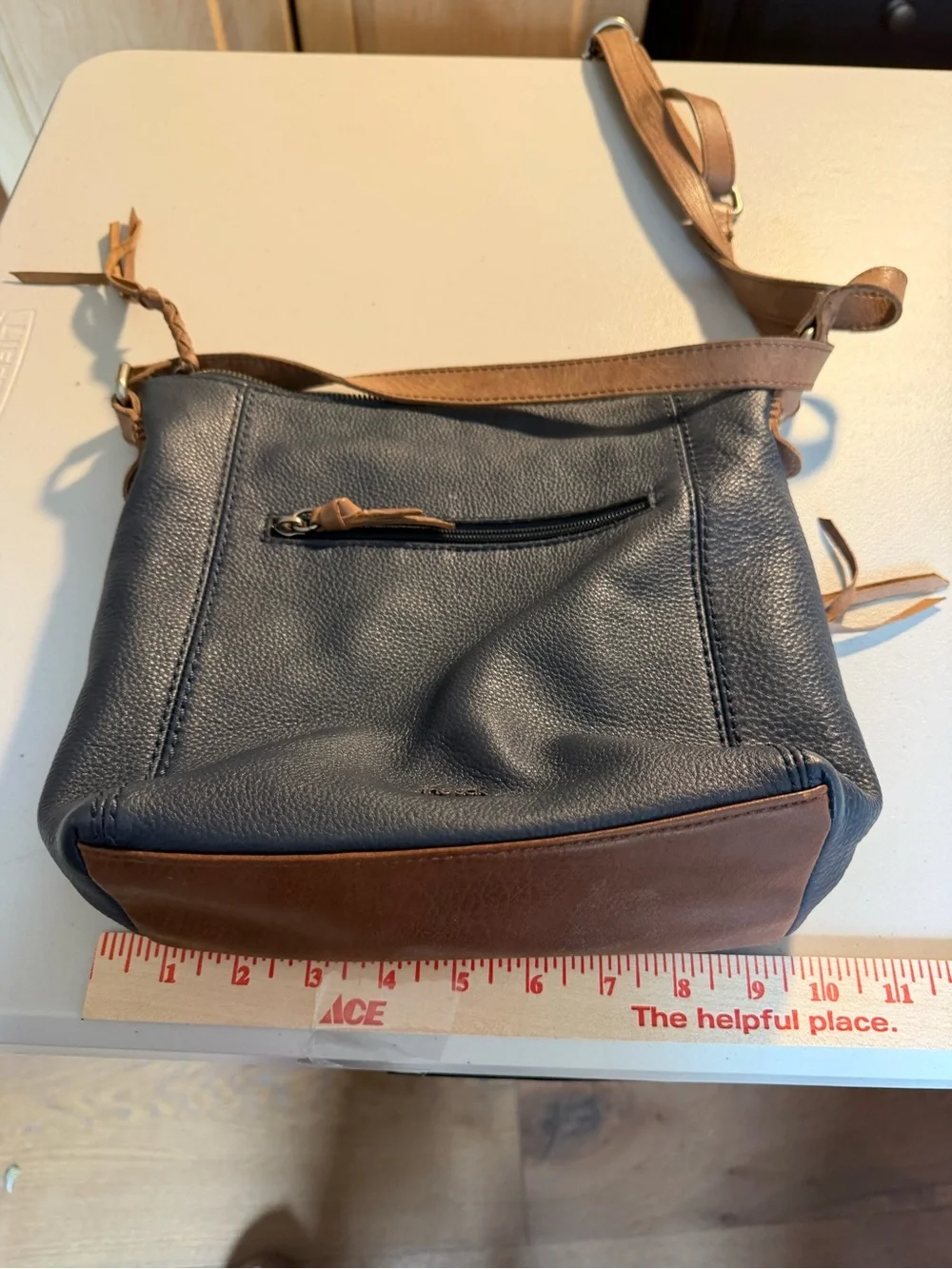 The Sak Navy Crossbody Bag with Brown Strap